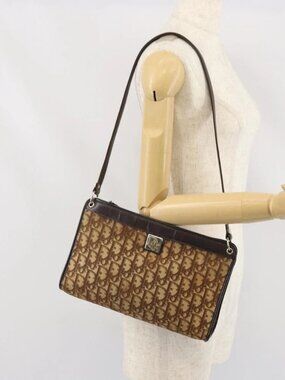 Christian Dior Trotter Canvas Shoulder Bag Beige Gold Auth 169555